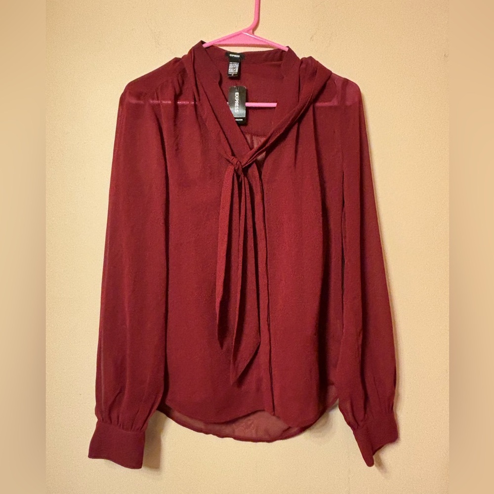 Express Deep Red/burgundy sheer Blouse with Tie Neck